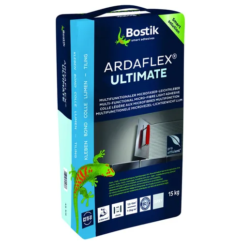 Fliesenkleber Microfaser Leichtkleber 15kg ARDAFLEX ULTIMATE – Multifunktional und stark - Kategorie: Beton, Gips, Mörtel & Zement. Ideal für Innen- und Außenanwendungen, extrem hohe Verformbarkeit und Haftung, für Fliese auf Fliese sowie Fußbodenheizung geeignet.