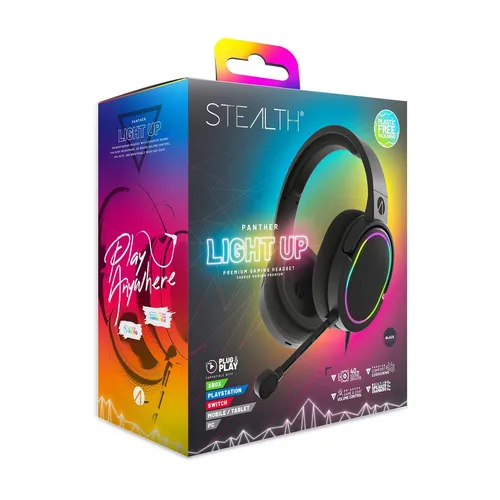 STEALTH PANTHER LED Premium Gaming Headset - Stylisches RGB-LED-Headset mit beeindruckendem Sound und klarem Mikrofon, ideal für Xbox, PS4/PS5, Switch und PC. Genieße den Komfort der atmungsaktiven Ohrpolster und der einfachen Audioanpassung.