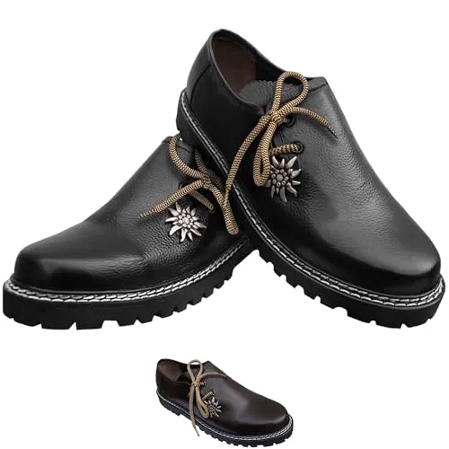 German Wear Haferlschuhe Herren Edelweiss aus 100% Glattleder Bequeme Trachtenschuhe Original Traditioneller Stil Handmachart Kalbsleder Schwarz - 43