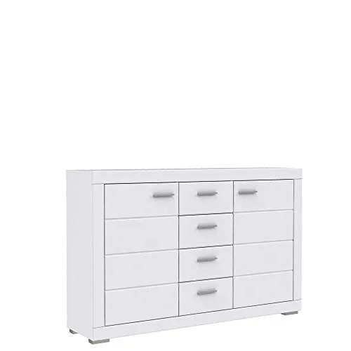 FORTE Snow Kommode mit 2 Türen und 4 Schubladen - Stilvolle Kommode aus Holzwerkstoff in Weiß matt, bietet großzügigen Stauraum und sanft schließende Schubladen dank Softclose-Funktion. Ideal für modernes Wohnen.
