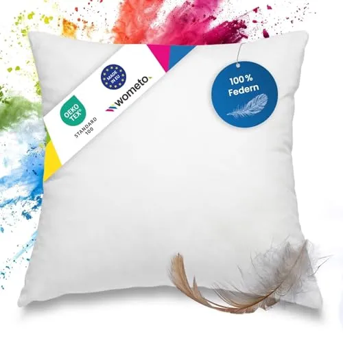 wometo Federkissen 100% Federn 45x45-500g Oeko-TEX Sofakissen Füllkissen Bezug Baumwolle weiß/Innenkissen/Kissenfüllung/Kopfkissen