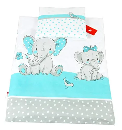 Babylux 2 TLG. Set Bezug für Kinderwagen Stubenwagen oder Wiege Garnitur Bettwäsche Kissen Decke 60 x 78 cm (111. Elephanten Turkis)