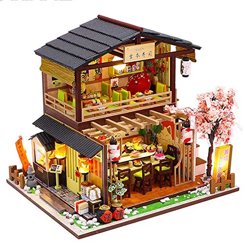 Miniatur Haus Selber Baue Bausatz-Möbeln, DIY Puppenhaus Set aus Holz sowie Staub und 1:24 Kreativer Raum für die Geschenkidee zum Valentinstag (Sushi Bar)