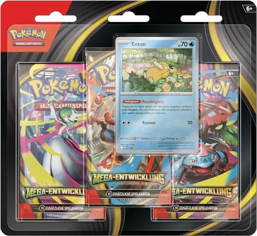 Pokémon-Sammelkartenspiel: 3er-Pack Mega-Entwicklung: Enton - Sammelkarten Packs & Sets mit 1 holografischer Promokarte und 3 Boosterpacks für spannende Kämpfe und Mega-Entwicklung. Perfekt für Pokémon-Trainer!