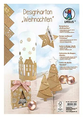 Ursus 62254699F - Designkarton Weihnachten, DIN A4, 5 Blatt in 5 verschiedenen Motiven, 250 g/qm, einseitig bedruckt und folienveredelt, ideal für weihnachtliche Kartengestaltung und kreatives Basteln