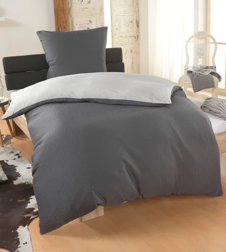 DreamHome 2-teilige Seersucker Wende-Bettwäsche in Silber-Grau, 155x220 cm