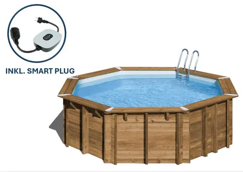 GRE Runder Echtholzpool VASTO 428 cm - Komplettset mit Smart Plug und GRATIS Sommerabdeckung - Swimmingpool aus hochwertigem Kiefernholz mit Kesseldruckimprägnierung. Ideal für Garten, langlebig und winterfest. Inklusive Sandfilteranlage und einfacher Montage.