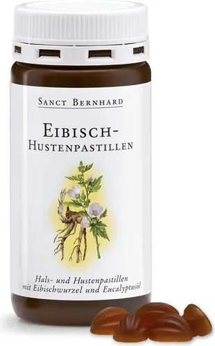 Sanct Bernhard Eibisch-Hustenpastillen - 90 Pastillen - Nahrungsergänzungsmittel zur Linderung von Halsschmerzen. Die Eibischwurzel schützt gereizte Schleimhäute und kombiniert mit Eucalyptus-, Anis- und Fenchelöl sorgt für eine wohltuende Wirkung.