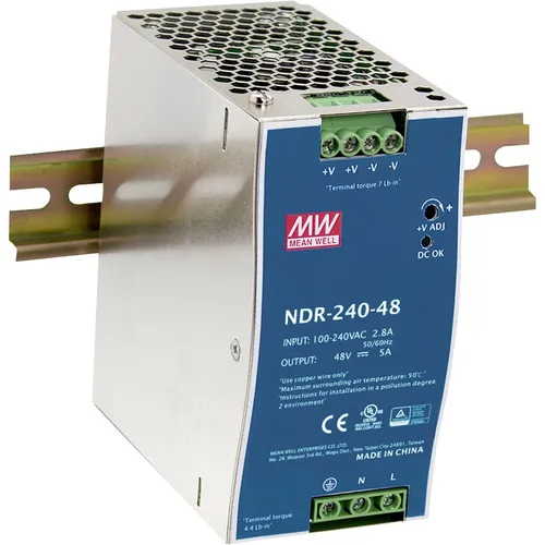 MW Mean Well NDR-240-48 Hutschienen-Netzteil 240 W - DIN-Rail Schaltnetzteil mit 1 Ausgang, berührgeschützten Schraubanschlüssen und LED-Anzeige für DC OK – ideal für sichere Elektroinstallationen.