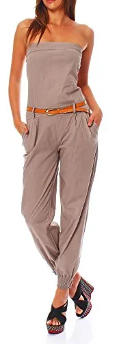 malito Damen Einteiler in Uni Farben | Figurbetonter Jumpsuit mit Gürtel (fango, L) - Jumpsuits für Damen, figurbetonter Schnitt mit Gürtel für eine feminine Silhouette und praktische Eingrifftaschen.