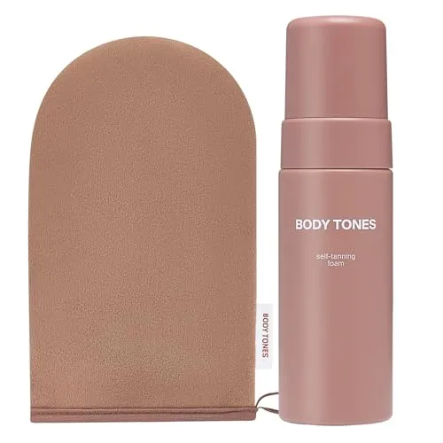 BODY TONES Selbstbräunungsmousse 155 ml – Streifenfreie Bräune für jeden Hautton - Körperselbstbräuner für ein ganzjährig strahlendes Aussehen. Angereichert mit pflegenden Pflanzenextrakten und einem praktischen Handschuh für eine mühelose Anwendung.