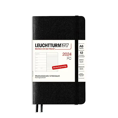 LEUCHTTURM1917 367803 Wochenkalender & Notizbuch Pocket (A6) 2024, Softcover, Schwarz, Deutsch, 12 Monate