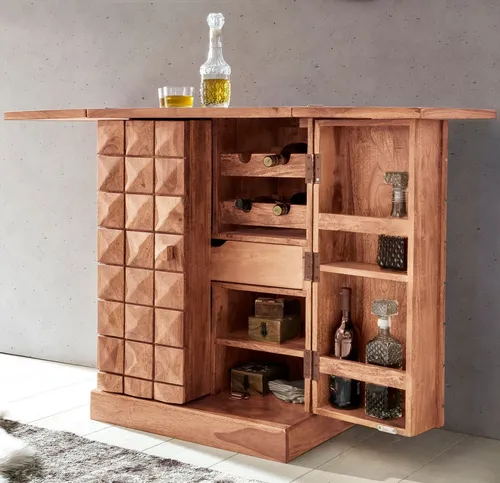 KADIMA DESIGN Barschrank Hausbar Akazie Massivholz 65x91x50 cm Weinbar ausklappbar, Kleine Bar (Flaschen und Gläser) modern, Barschrank mit Türen, Spirituosenschrank mit Aufbewahrung für