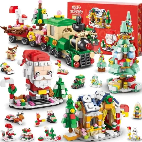 KAHEIGN Adventskalender 2025 Kinder, Adventskalender mit 1123 Teilen 6 in 1 Zug Weihnachtsmann Haus Baum Bausteine ​​Spielzeug für Erwachsene, Geschenk für Mädchen Jungen (38 cm x 26 cm)
