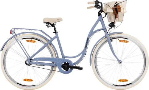 Goetze Style 28 Zoll City Bike, 18 Zoll Tiefeinsteigerrahmen, 3-Gang Shimano Nexus, V-Bremse, LED-Beleuchtung, Komfortsattel, Rattankorb