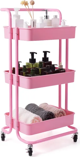 COSTWAY Servierwagen auf Rollen, Küchenwagen mit Metallrahmen, Rollwagen mit 3 Regale, Allzweckwagen Beistellwagen Badwagen, Rosa