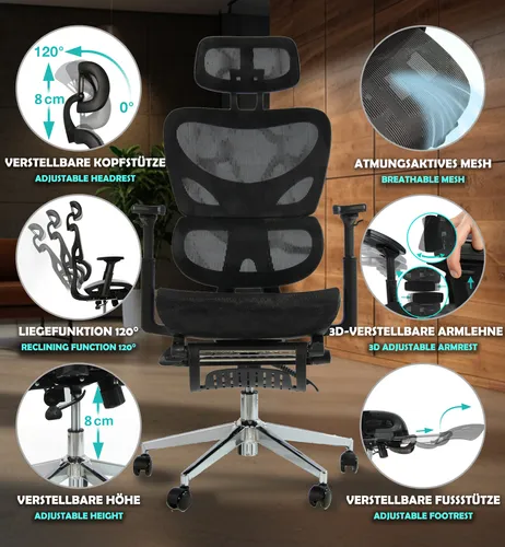 Sesto Senso Bürostuhl Ergonomisch Schreibtischstuhl mit Lendenwirbelstütze und klappbaren Armlehnen Chefsessel Verstellbarer Kopfstütze K-80 G Black