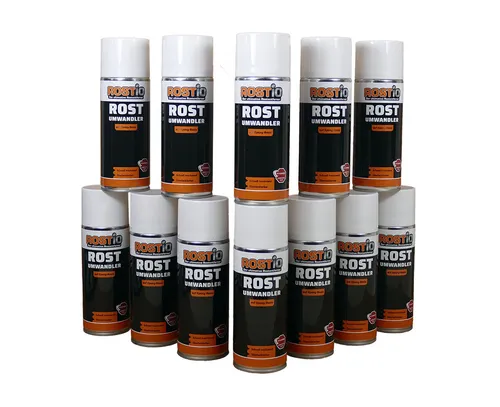 Rostio Rostumwandler Spray 400ml - 12er Set - Rostschutz Spray für effektives Entrosten und Umwandeln von Rost, ideal für KFZ, LKW, Fahrräder und mehr. Hergestellt in Deutschland.