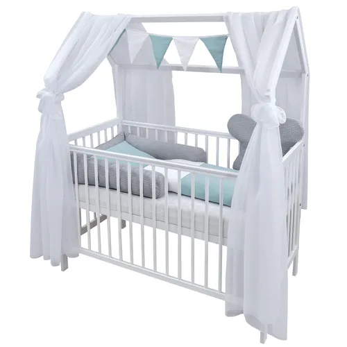 Baby-Delux Komplettbett Hausbett 60x120 cm - Robustes Babybett aus Kiefernholz mit drei höhenverstellbaren Lattenrosten und herausnehmbaren Schlupfsprossen. Inklusive liebevollem Bettwäsche-Set für eine gemütliche Wohlfühloase im Kinderzimmer.