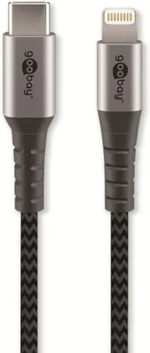 goobay USB-C auf Lightning Kabel 0,5 m, MFi-zertifiziert, Schnellladen (PD, bis 20 W geräteabhängig), USB 2.0 480 Mbit/s, Textil/geflochten, grau 49270