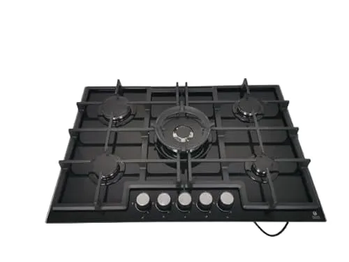 Gasline GAG75GLG Gaskochfeld 75cm Schwarz Glaskeramik - Herde mit 5 Brennern, inklusive leistungsstarkem WOK Brenner (4,20 kW) und thermoelektrischer Zündsicherung für optimale Sicherheit und gleichmäßige Wärmeverteilung.