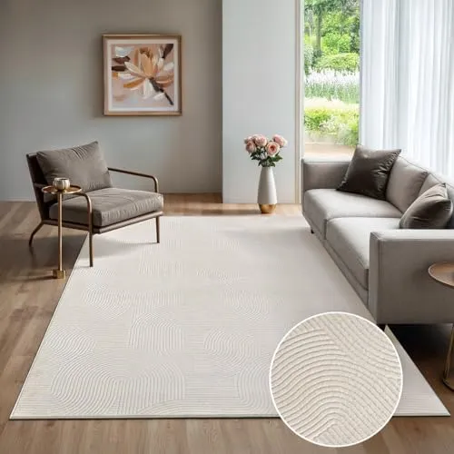 the carpet Rio - Moderner Kurzflor Teppich, weicher und pflegeleichter Anti-Rutsch-Teppich mit 3D-Optik, robust, für Wohnzimmer und Schlafzimmer, Creme, 120 x 160 cm