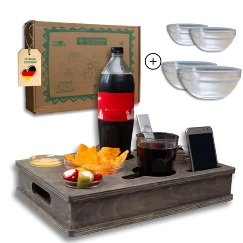 PEGSEN Servierplatte All in One Couchbox - Servierplatte mit 4 Glasschalen, vielseitig und elegant – ideal für sichere Snacks und Getränke bei entspannten Abenden.
