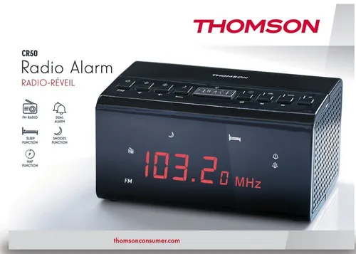 Thomson Radiowecker CR50 schwarz mit FM Radio - Radios mit Projektor und dimmbarem Display, ideal für einen sanften Start in den Tag mit individuell einstellbaren Weckzeiten und Snooze-Funktion.
