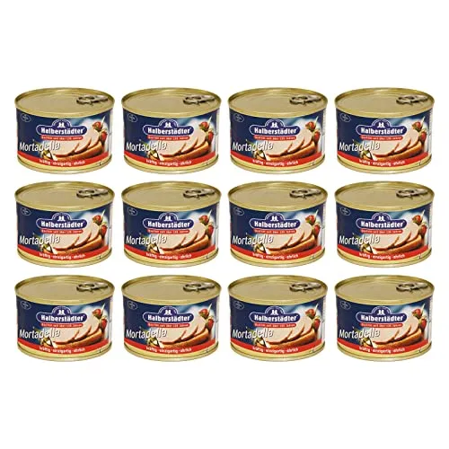 Halberstädter Mortadella 12er Pack (12 x 160 g) - Fleischkonserven mit kräftigem, vollmundigem Geschmack. Ideal als Brotbelag oder Beilage, perfekt für ein Geschmackserlebnis mit Brötchen oder Baguette.