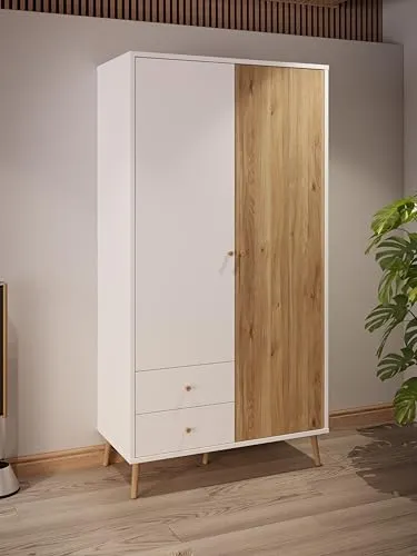 Forte Harllson Kleiderschrank Weiß mit Mauvella Eiche - Kleiderschrank mit Soft-Closing-System, 2 Türen, 2 Schubladen und EasyKlix Montage für schnellen Aufbau. Ideal für Schlafzimmer, Wohnzimmer und Diele.