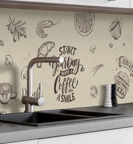 MyMaxxi Küchenrückwand Folie selbstklebend matt - einfache Montage ohne Bohren 0,4mm stark Versteift - Motiv Menü Leinwand Beige Schwarz 60cm hoch - Spritzschutz Küche Klebefolie 340 x 60cm
