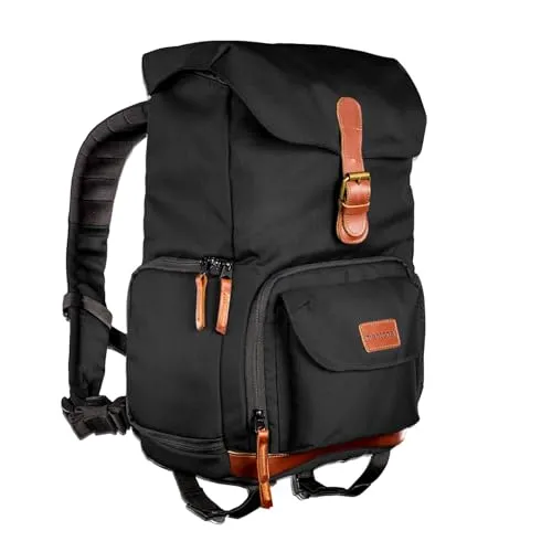 Mantona Luis junior Retro Fotorucksack schwarz - Kamerarucksack mit viel Stauraum für DSLR-Kamera und Zubehör, inklusive Regenschutzhülle für optimalen Wetterschutz.