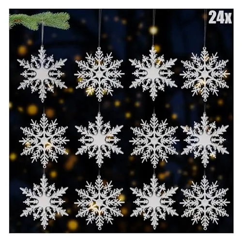 com-four® 24x Deko Anhänger Schneeflocken - Transparente 10 cm Schneeflocken-Anhänger mit Aufhängeschnur - Vielfältige Weihnachtsbaumschmuck-Designs