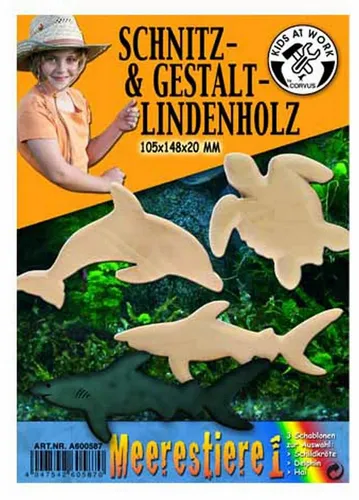 Corvus A600587 - Kids-at-Work, Meerestiere 1-Klein (Delfin, Schildkröte, Hai), hochwertiges Lindenholz zum Schnitzen, inklusive 3 Schablonen und Anleitung