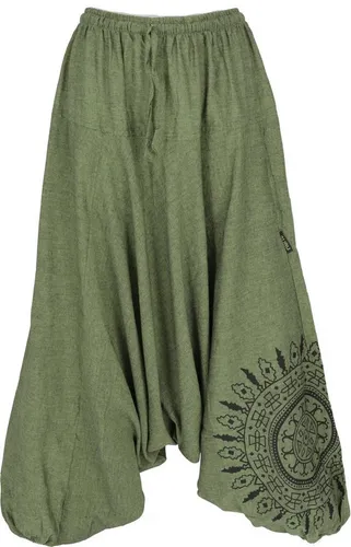 Guru-Shop Relaxhose Haremshose Pluderhose mit Mandala, Ethno Style - Bequeme Haremshose aus 100% Baumwolle, olivgrün, mit elastischem Bund und seitlichen Taschen. Ideal für entspannte Tage, bietet viel Bewegungsfreiheit und einen einzigartigen Ethno-Look.