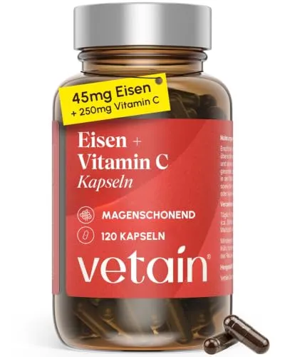 VETAIN Eisen 45mg mit Vitamin C – 120 Kapseln – hochdosiert & vegan