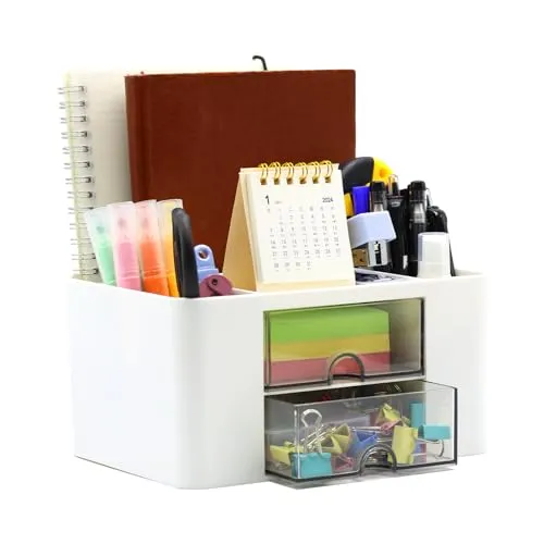 YUNSHANGHE Schreibtisch Organizer 5 Fächer, Stiftehalter Schreibtisch mit Schublade, Multifunktionaler Tisch Organizer aus Kunststoff, Stifte Organizer für Büro Zuhause Schule (Weiß)