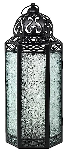 Dekorative marokkanische Bodenlaterne aus schwarzem Metall mit Kerzenhalter – Innen-/Außenbereich, Heimdekoration, Terrasse, Hochzeiten, Weihnachten, extra groß, transparent