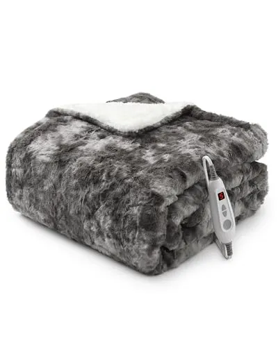 LinTimes Heizdecke mit Abschaltautomatik, Elektrische Wärmedecke mit 6 Temperaturstufen, 10h Abschaltautomatik, Elektrische Heizdecke aus PV-Samt & Sherpa-Fleece, Waschbare Heizdecke,180 x 130cm Grau