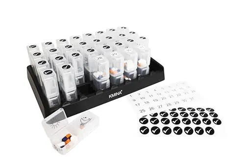 KMINA Tablettenbox Monat 31 Tage 2 Fächer, Medikamentenbox 1 Monat groß, Tablettenspender monatlich für Morgens Abends, Pillenbox 31 Tage, Medikamentendosierer wöchentlich entnehmbar
