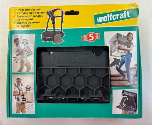 Wolfcraft Tragegurt 5582000 - Ergonomischer Tragegurt für 1 Person, bis 30kg, mit ausklappbarer Abstellplatte für rückenschonendes Tragen