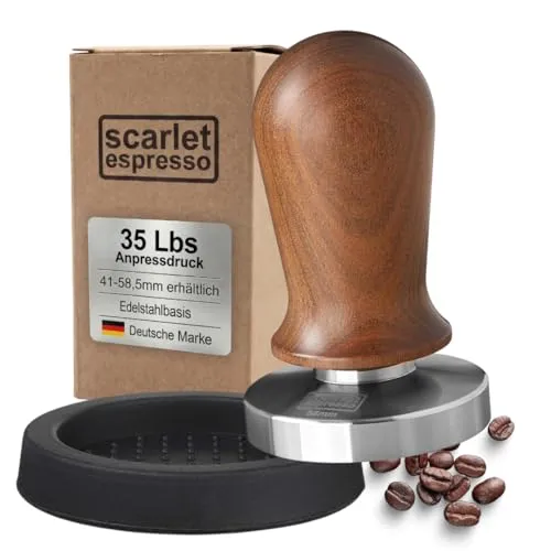 scarlet espresso | Tamper »Perfetto« für Barista; auf 35 lbs Anpressdruck kalibiriert; mit Alu- oder Edelholzgriff und Präzisions-Edelstahlbasis (Set: Sandelholz