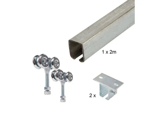 ATTAS Laufschienenprofil Laufwerkset Basic-Line - Ventilatoren – Hochwertiges Profil für hängende Schiebetore mit einer Tragfähigkeit von bis zu 75 kg pro Flügel, ideal für Raumtrennungen und platzsparende Lösungen.