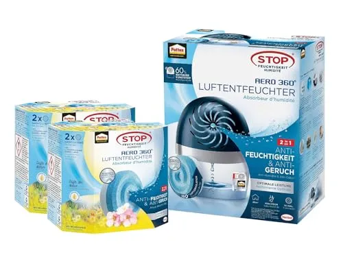 Pattex AERO 360º Luftentfeuchter, nachfüllbarer Raumentfeuchter, 1 Gerät inkl. 1 Nachfülltab (450g) & Pattex AERO 360° Wildblumenwiese Tabs Nachfüllpack, 2x(2er-Pack (2x450g))