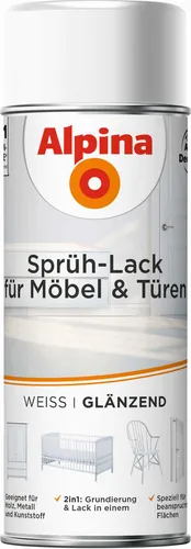 Alpina Sprüh-Lack für Möbel & Türen 400ml glänzend - Glänzender Sprühlack in Weiß, ideal für Möbel und Türen. Für den Innenbereich geeignet, lässt sich einfach mit einem Farbsprühgerät verarbeiten.
