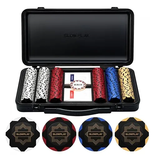 SLOWPLAY Nash 14g Ton Pokerchips-Set für Texas Hold’em Black Gold Edition, 300 STK [ohne Werte] Verfügt über einen hochwertigen pokerkoffer mit besonders robuster Polycarbonat-Schale