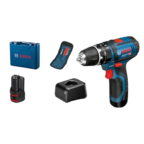 Bosch Professional 12V Akku Schlagbohrschrauber GSB 12V-15 - Akkuschrauber mit 2-Gang-Planetengetriebe und Schlagbohrfunktion, ideal für enge Stellen und Überkopf-Anwendungen, inklusive 2x 2.0Ah Akkus und 10-tlg. Bitset.