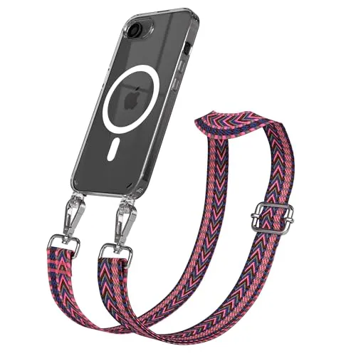 EAZY CASE Handykette - Verstellbares Taschenband kompatibel mit iPhone 16e, Schulterriemen, Handykordel mit Silikon Hülle, Qi Charging kompatibel, Umhängetasche, Pink Blau Silber
