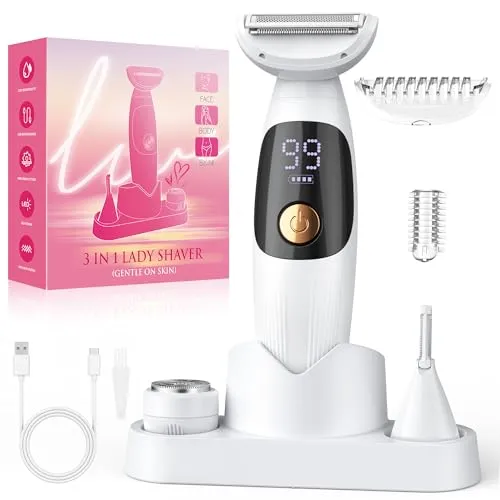 Produktbild Rasierer Damen,3-In-1 Intimrasierer für Frauen & Gesichtshaarentferner für Frauen,IPX7 Wasserdicht, Nass&Trocken,Damenrasierer Elektrisch für Bikinizone,Achseln,Beine,Bikini Trimmer mit USB Aufladung