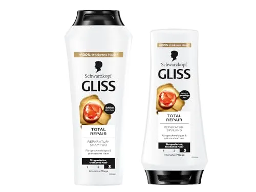 Gliss Shampoo Total Repair (250 ml) Haarshampoo mit flüssigem Keratin & Blüten-Nektar, Pflegeshampoo & Spülung Total Repair (200 ml) Haarspülung Pflegespülung 90% weniger Haarbruch